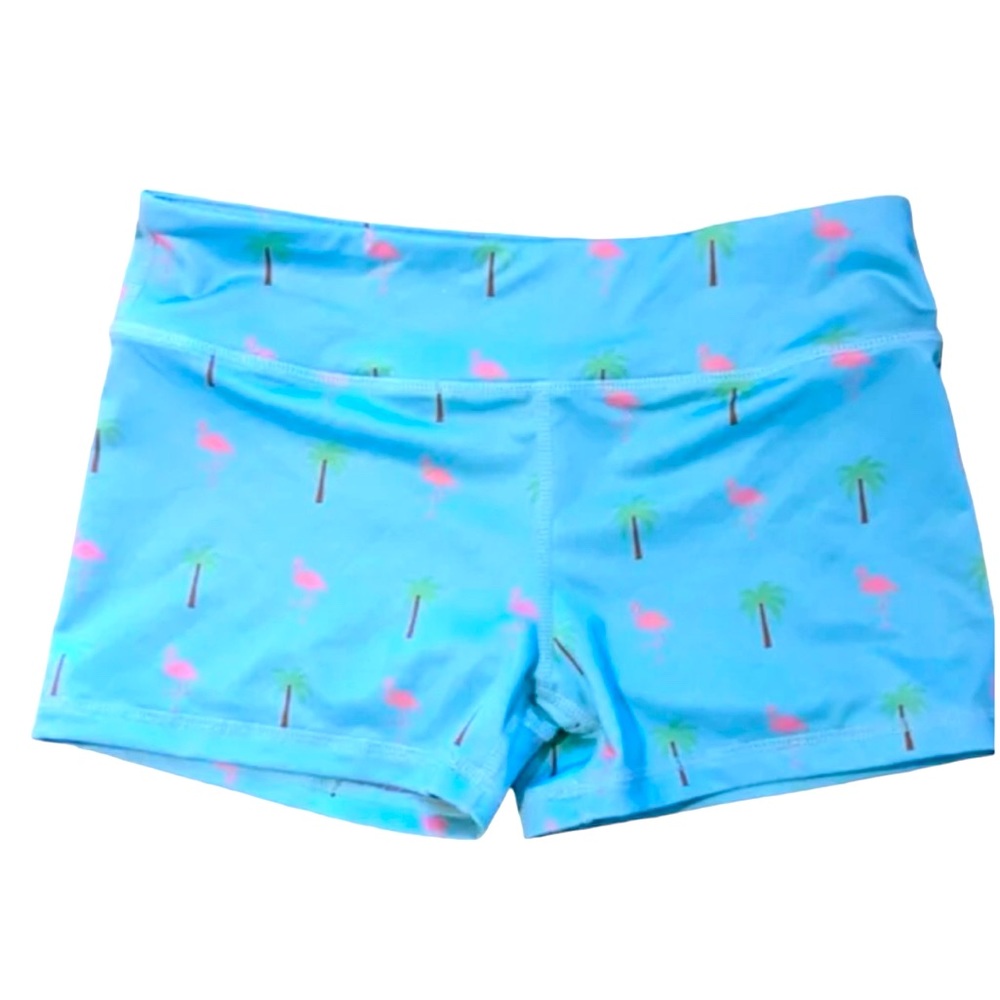 IAB MFG Blue Green Flamingo Palm Tree Design Athletic Workout Shorts M